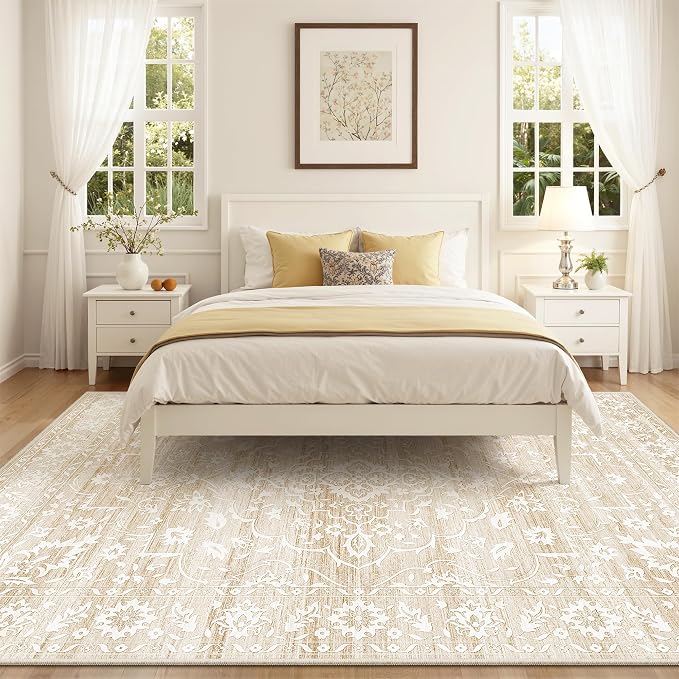 Soalmost 6x9 Area Rugs for Living Room, Washable Neutral Soft Rug Beige | Vintage Floral Non-Slip Low Pile Throw Large Carpet for Dining Room Bedroom Kitchen Home Office Nursery 6'x9'