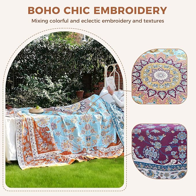 LUTBM Boho Throw Blanket for Couch Sofa Chair Cotton Spring Blankets for Bedroom Living Room All Season Lightweight Reversible Floral Embroidery Decorative Throws 50"x60"