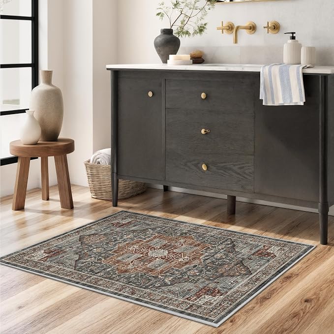 Roxstand 2x3 Washable Entryway Area Rug, Grey/Brown/Tan | Low-Pile Carpet, Non-slip Backing, Stain Resistant, Rug for Kitchen, Laundry Room, Entryway, Vintage Design
