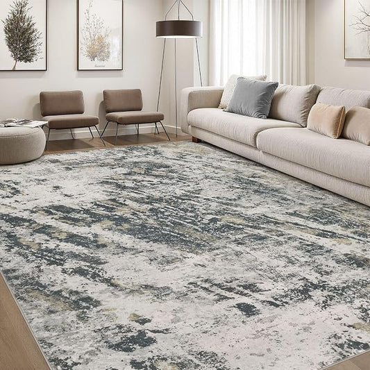DMOYEST Area Rug Living Room Rugs - 8x10 Large Soft Indoor Neutral Modern Abstract Low Pile Washable Rug Carpet for Bedroom Dining Room Farmhouse Home Office-Black Gold/Grey