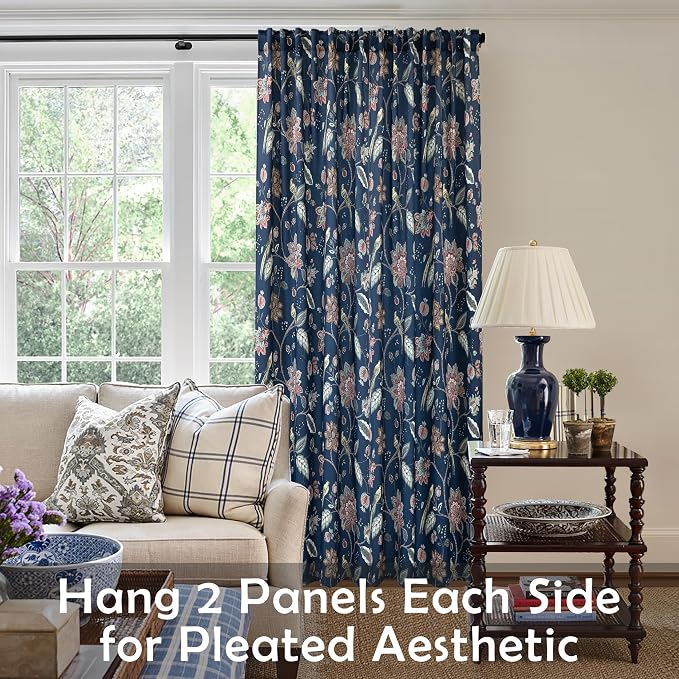 90 Inch Navy Blue Floral Patterned Blackout Curtains, Print Back Tab Curtains for Living Room Bedroom, 2 Panel Set, 50x90 in Long