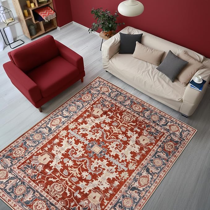 Keen Home Design 5x7 Rug - Machine Washable Area Rug with Non-Slip Backing, Ideal for Living Room, Dining Room, Bedroom - Vintage, Easy Clean, Durable, Low Pile Rug - (5' x 7')