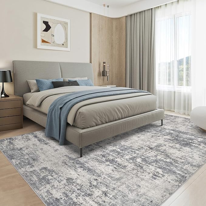 Abstract 8x10 Area Rug: Machine Washable Non Slip Ultra Thin Low-Pile Carpet, Soft Stain Resistant for Living Dining Room Bedroom, Kid Pet Friendly, Robot Vacuum Compatible - Grey Beige