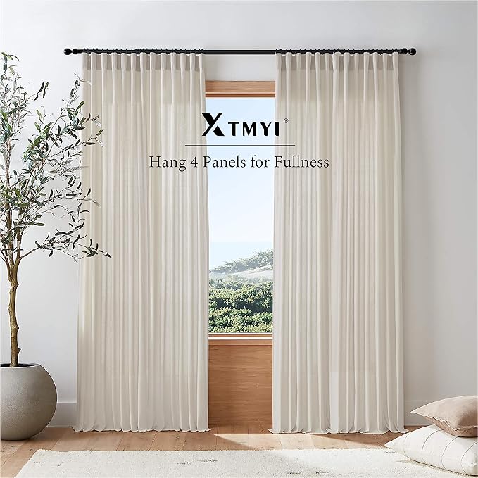 XTMYI Oatmeal Beige Back Tab/Hook Belt Linen Cotton Sheer Curtains 120 Inches Long for Living Room Bedroom 2 Panels Set