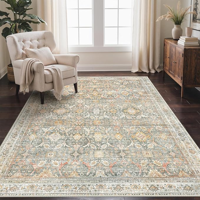GENIMO 8x10 Area Rugs for Living Room, Machine Washable Non Slip Vintage Rugs, Low Pile Lightweight Chenille Print Rug for Bedroom, Dining Room, Home Office, Turmeric