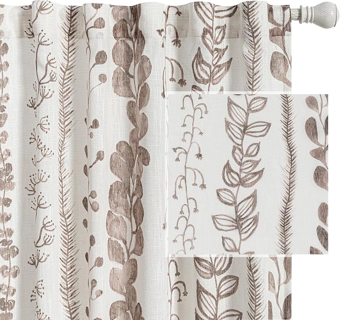 MEETSKY Brown Sheer Curtains 72 Inches Long 2 Panels Boho Curtains for Living Room Light Filtering Patterned Drapes for Bedroom Linen Style Back Tab Leaf Print Window Treatment