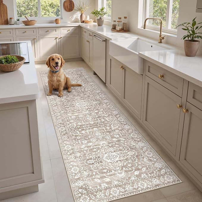 Soalmost 2.5'x8' Runner Rugs for Hallway, Washable Kitchen Runner Rug | Vintage Non-Slip Soft 2'6"x8' Carpet Runner with Rubber Backing for Entryway Laundry Bedroom Farmhouse Light Brown