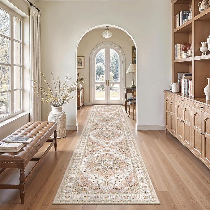 Madane Washable Runner Rugs 2x10 Long for Hallway Kitchen, Pink | Non-Slip Low-Pile 10ft Rug Runners Soft, Stain-Resistant Floor Carpet Mat for Entrance, Living Dining Laundry Room
