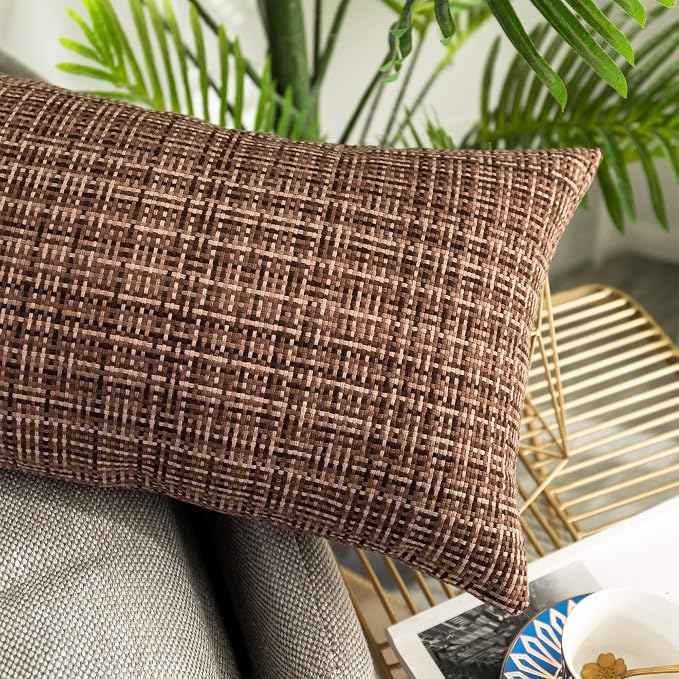 Kevin Textile Outdoor Waterproof Throw Pillow Covers 12x24 Inch Pack of 2 Woven Faux Linen Farmhouse Decorative Water Resistant Lumbar Cushion Covers for Tent Patio Garden Couch Sofa Brown