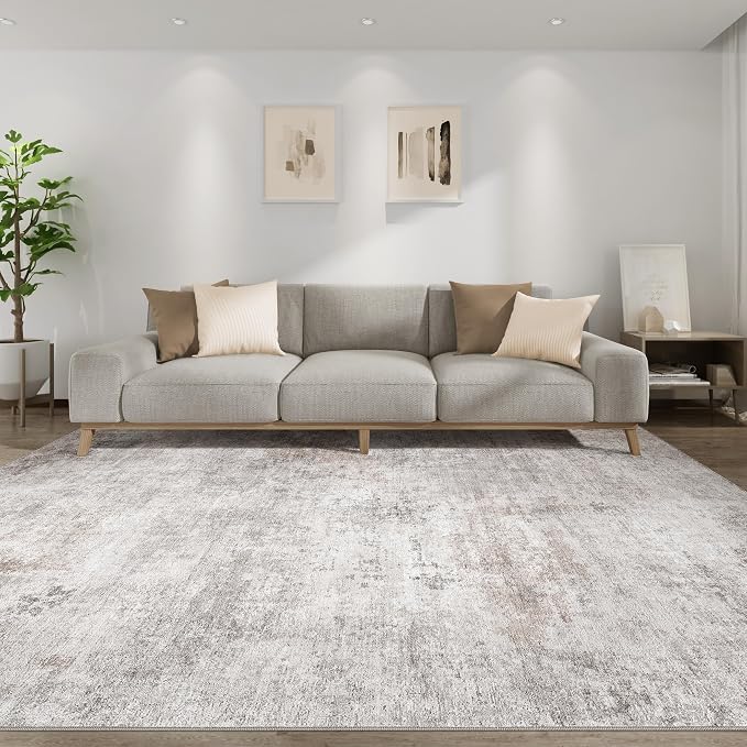Abstract 10x12 Area Rug: Machine Washable Non Slip Ultra Thin Low-Pile Carpet, Soft Stain Resistant for Living Dining Room Bedroom, Kid Pet Friendly, Robot Vacuum Compatible - Brown Grey
