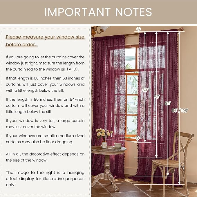 WAZZIO Boho Lace Curtains 63 Inches 2 Panel,Light Filtering Privacy Tassel & Geometry Crochet Semi Sheer Curtain Drapes for Bedroom Living Dining Room,Rod Pocket & Tassel,Burgundy Red