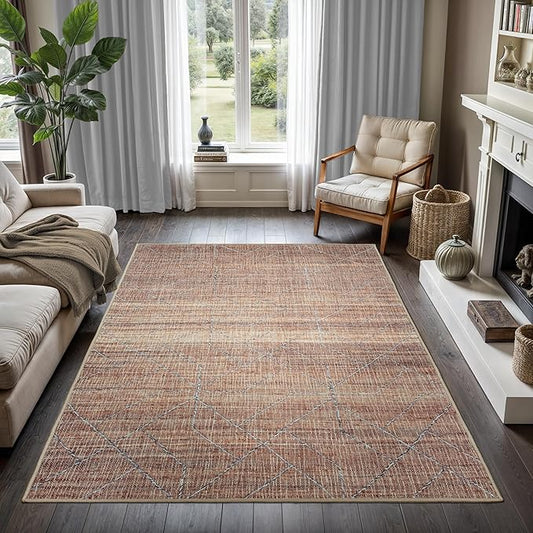 GLN Rugs Contemporary Collection - Machine Washable Area Rug, Contemporary Washable, Non Slip, Low Pile Chenille Rug, Living Room, Bedroom, Kitchen Rug (9' x 12' Terra/Brown)