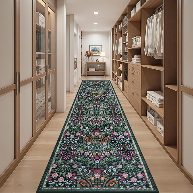 Runner Rug for Entryway: 2.6x14 Kitchen Rugs Non Slip Washable Ultra-Thin Soft Floral Carpet Indoor Floor Stain Resistant Carpets for Hallway Bedroom Kitchen Laundry Bathroom Dorm Dark Black