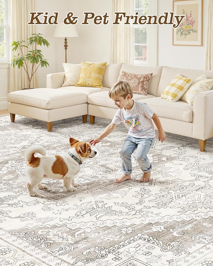 5x7 Vintage Area Rug: Washable Neutral Soft Non Slip Thin Large Floor Carpet for Living Room Bedroom Kitchen Dining Room Home Office Farmhouse Indoor - Brown