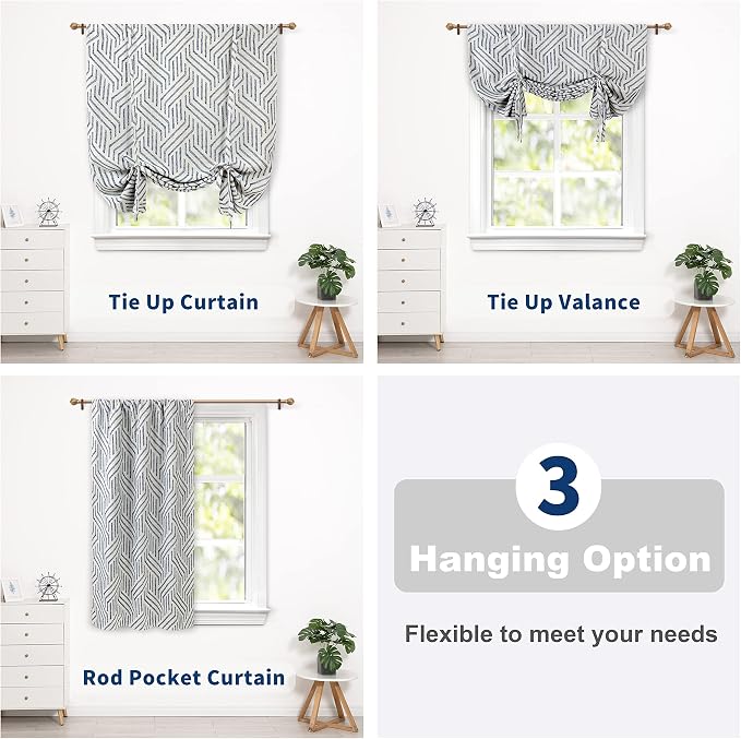 DriftAway Farmhouse Linen Lined Valance Double Layer Thermal Insulated Room Darkening Blackout Valances 3.5 Inch Rod Pocket Striped Tie Up Valance Single 45 Inch by 63 Inch Briony Navy
