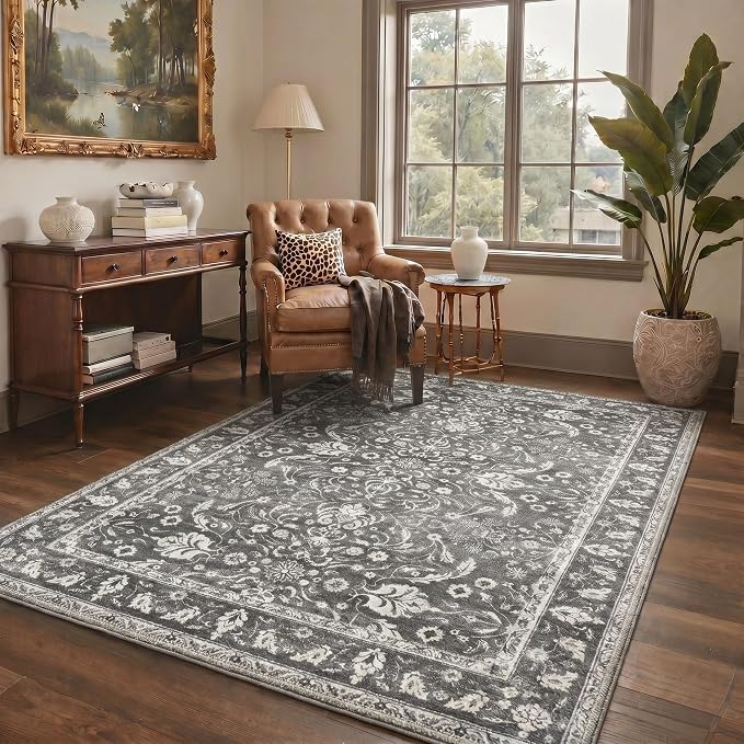 Bavni 2x5 Rug Runners for Hallways, Washable Runner Rug Non Slip, Vintage Floral Floral Rugs for Bedroom, Lightweight Low Pile Carpet for Hallways Bathroom, Charcoal Gray