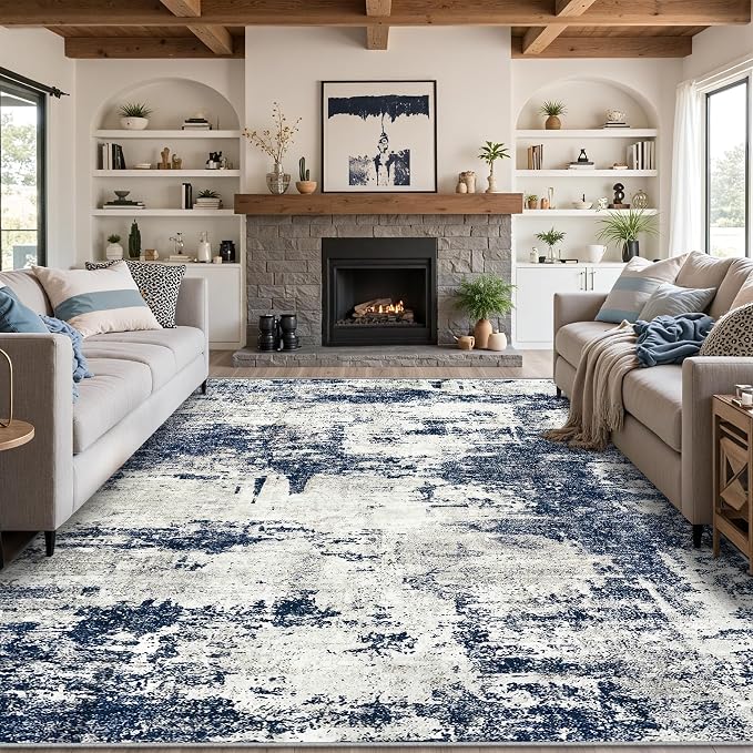 9x12 Area Rugs Living Room Rugs: Large Washable Rug with Anti-Slip Backing Non-Shedding Stain-Resistant Soft Abstract Carpet for Bedroom Dining Room Nursery Home Office - Gray/Blue