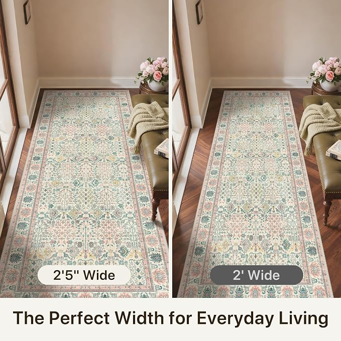Bavni 2'6''x6 Rug Runners for Hallways, Washable Runner Rug Non Slip, Vintage Floral Print Style Rugs for Bedroom-Lightweight Low Pile Carpet for Hallways Bathroom, Pink