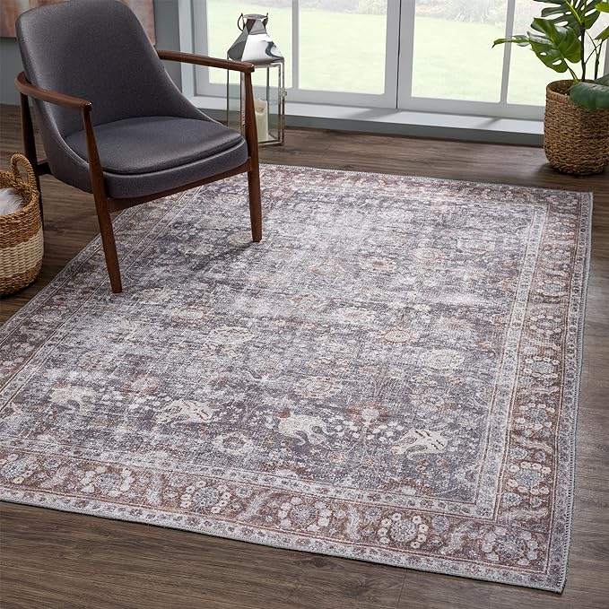 Bloom Rugs Washable 4' x 6' Rug - Brown/Dark Gray Traditional Area Rug for Living Room, Bedroom, Dining Room, and Kitchen - Exact Size: 4' x 6'