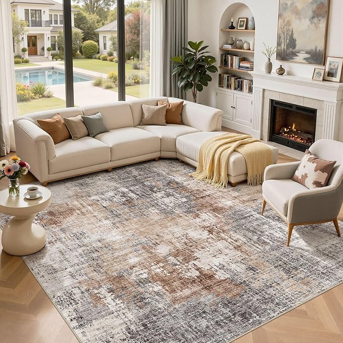 DMOYEST Square Area Rug Living Room Rugs - 10x10 Washable Large Soft Indoor Neutral Modern Abstract Low Pile Rug Carpet for Bedroom Dining Room Farmhouse Home Office - Grey Brown