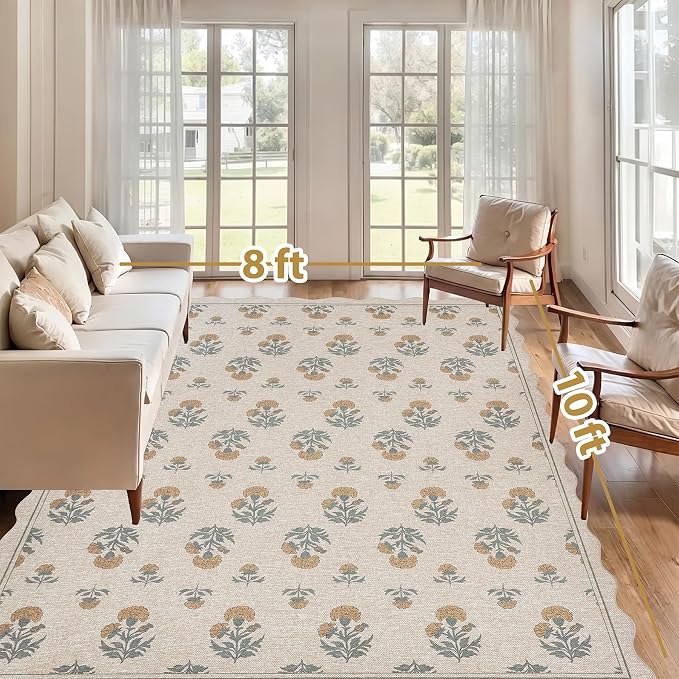 ORTIGIA Scalloped Easy Jute 8x10 Area Rug Vintage Yellow Floral Farmhouse Washable Rug Non-Slip Indoor Outdoor Carpet for Living Room Bedroom Patio Entryway