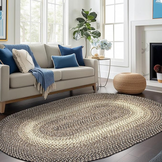Super Area Rugs Braided Rugs 5X8 Farmhouse Kitchen Rug - Ridgewood Braided Rug for Living Room - Reversible - Indoor/Outdoor - Made in USA - Brown Velvet/Beige, 5' X 8' Oval