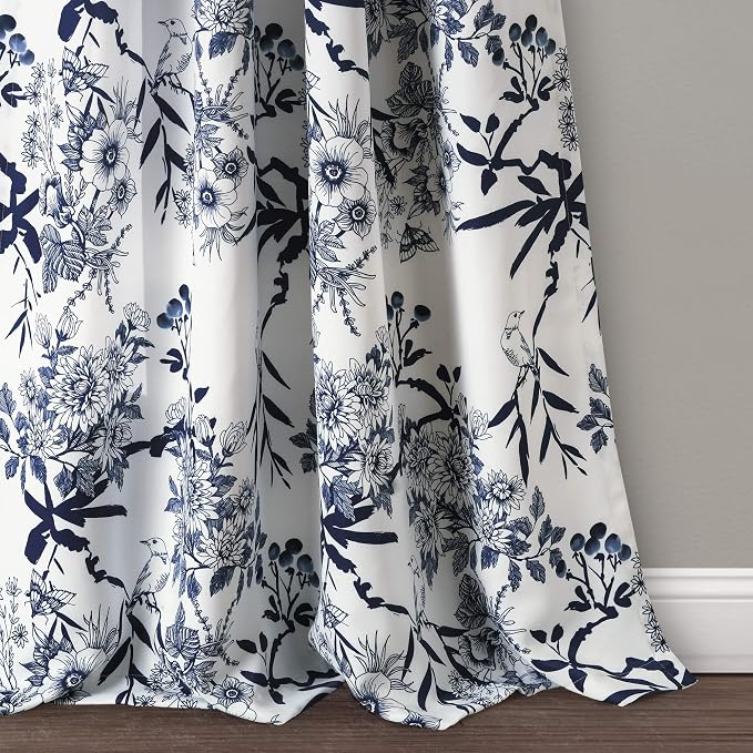 Lush Decor Botanical Garden Curtains Floral Bird Print Light Filtering Window Panel Drapes Set for Living, Dining, Bedroom (Pair), Navy, 52"W x 84L"