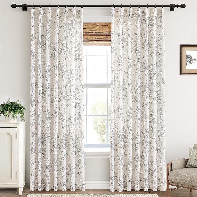 Pinch Pleat Floral Linen Curtains 102 inch Long Black and Cream Memory Trained Curtain Light Filtering Living Room Farmhouse Flower Pattern Printed Pleated Drapes with Hooks 2 Panels 40“W x 102"L