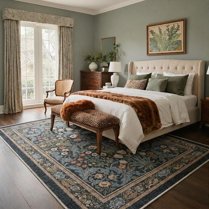 GENIMO 5x7 Washable Area Rugs for Living Room, Non Slip, Center Blue | Vintage Boho Floral Low Pile Thin Carpet for Bedroom, Dining Room, Nursery, Indoor Decor
