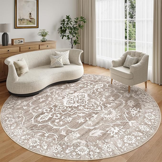 Soalmost Washable Round Rug 8ft for Living Room,Soft Circle Rug Light Brown | Vintage Floral Ultra-Thin Non-Slip 8x8 Round Throw Carpet for Nursery Bedroom Kitchen Dining Room 8'Round