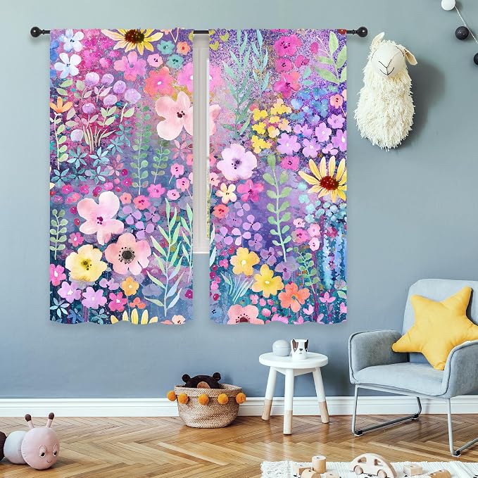 Riyidecor Purple Floral Curtains Rustic Boho Cute Wildflower Watercolor Plant Leaves Botanical Flower Spring Nature Rod Pocket Modern Bedroom Living Room Treatment Fabric 2 Panels 42Wx63H Inch