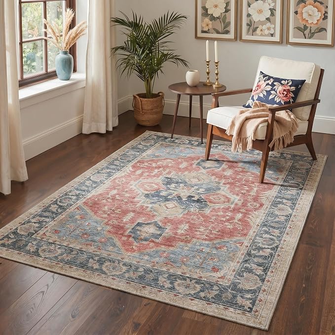 GENIMO 5x7 Floral Medallion Area Rug Machine Washable Non Slip Low Pile, Lightweight Print Pattern Rugs for Living Room Bedroom Dining Room, Dusty Red