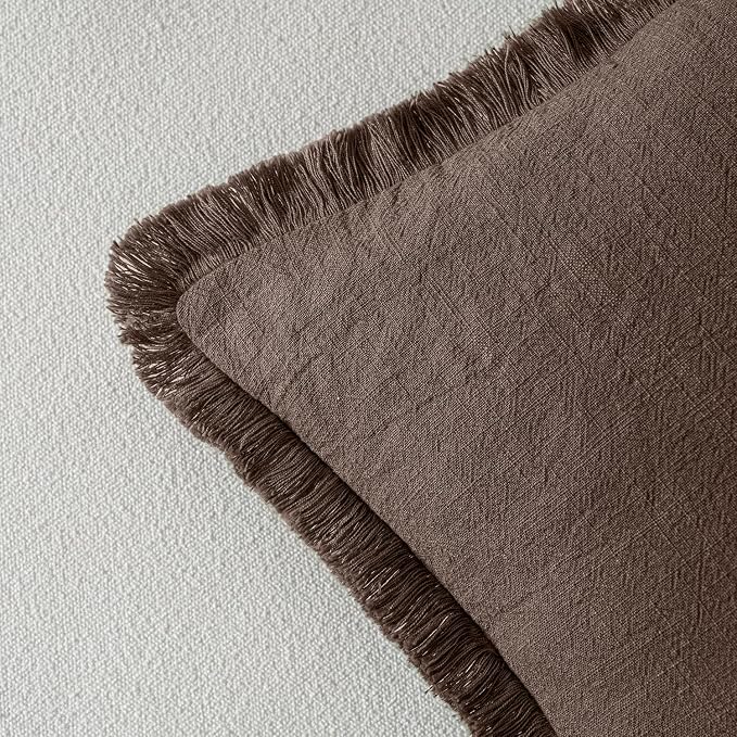 MIULEE Decorative Throw Pillow Covers Neutral Linen Fringe Throw Pillows Set of 2 Reddish Brown Boho Farmhouse Cushion Covers for Couch Sofa Bed Living Room Fall Home Decor 16x16 Inch