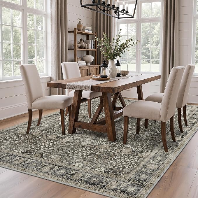 Bavni Washable Rugs 9x12 Machine Washable Rug Lightweight Low Pile, Vintage Floral Rug Non-Shedding Distressed Throw Carpet for Living Room Bedroom Office, Black