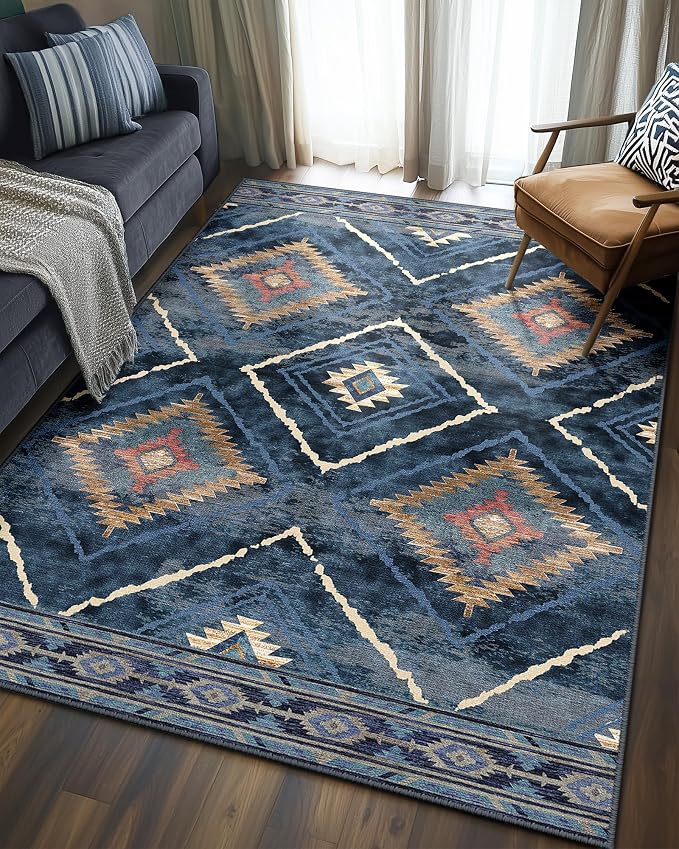 BESTSWEETIE Area Rug 4x6 Rug Machine Washable Non-Slip Low Pile Print Pattern Western Rug for Living Room Bedroom Entryway Tribal Series -Darkblue