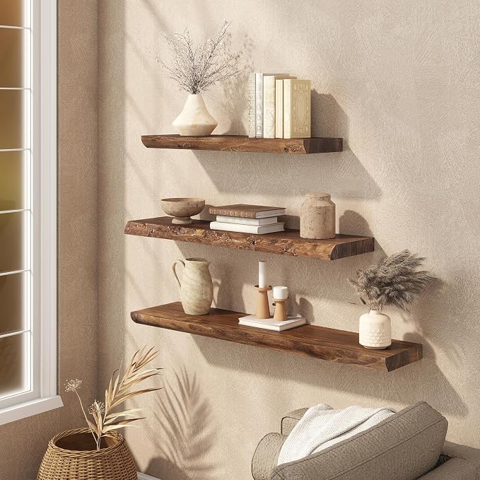 Live Edge Floating Shelves Set of 2, 24 Inch Solid Elm Wood Wall Shelves - Invisible Bracket Mount for Living Room, Bedroom, Kitchen, Bathroom | Vintage Rustic Decor