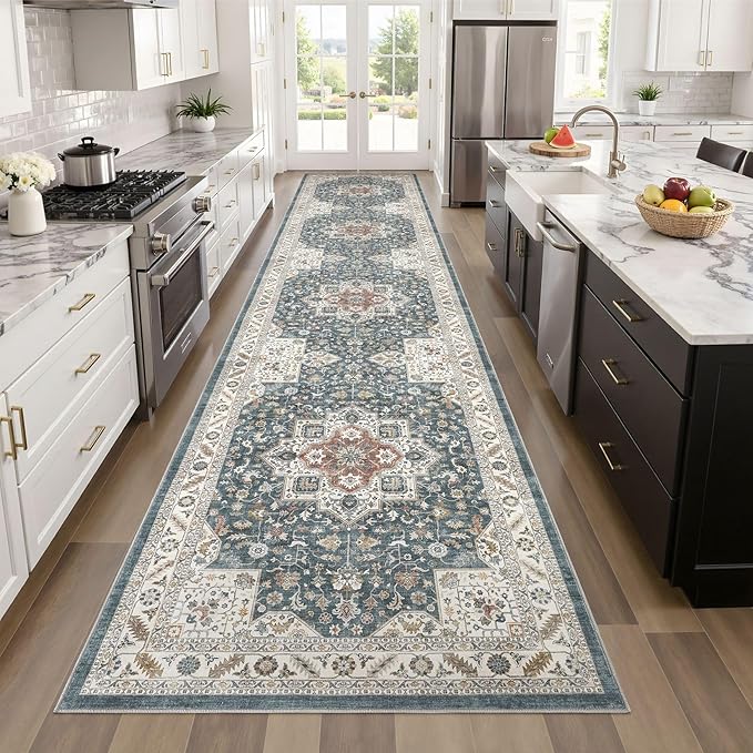 Vintage Hallway Runner Rug 3x12: Large Soft Washable Entryway for Kitchen Laundry Room Non-Slip Backing Runner for Entrance Living Room Bedroom Bathroom - Vintage Blue