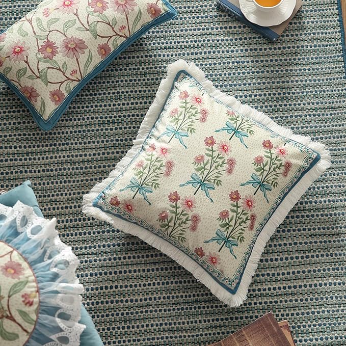 patdrea Designer French Country Velvet Throw Pillow Cover 18x18 inches,Elegant Blue Pink Small Floral Pattern,Decorative Square Pillowcases Cushion for Bed Living Room Outdoor Car
