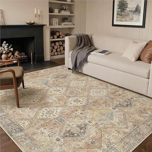 GENIMO 8x10 Area Rugs for Living Room, Machine Washable Non Slip Vintage Rugs, Low Pile Lightweight Print Rug for Bedroom, Dining Room, Home Office, Warm Brown