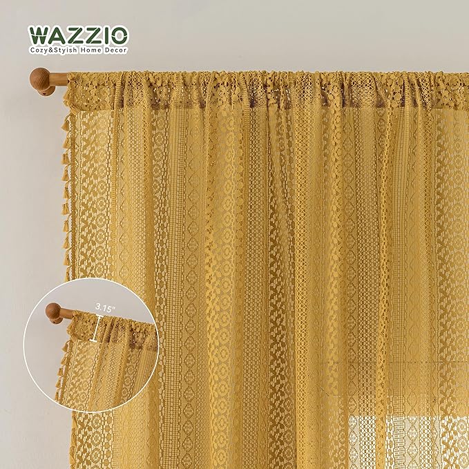 WAZZIO Boho Lace Curtains 84 Inches 2 Panel,Light Filtering Privacy Tassel & Geometry Crochet Semi Sheer Curtain Drapes for Bedroom Living Dining Room,Rod Pocket & Tassel,Mustard Yellow