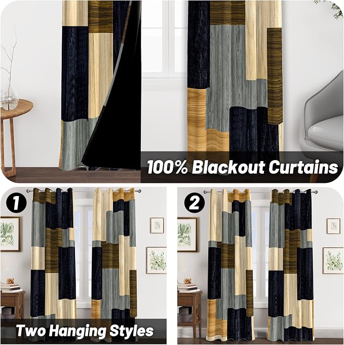 Tyrot Wood Print Retro 100% Blackout Curtains for Bedroom 96 inch Long 2 Panels Set Modern Abstract Geometric Black Out Curtains Insulated Room Darkening Window Drapes for Living Room, 52Wx96L