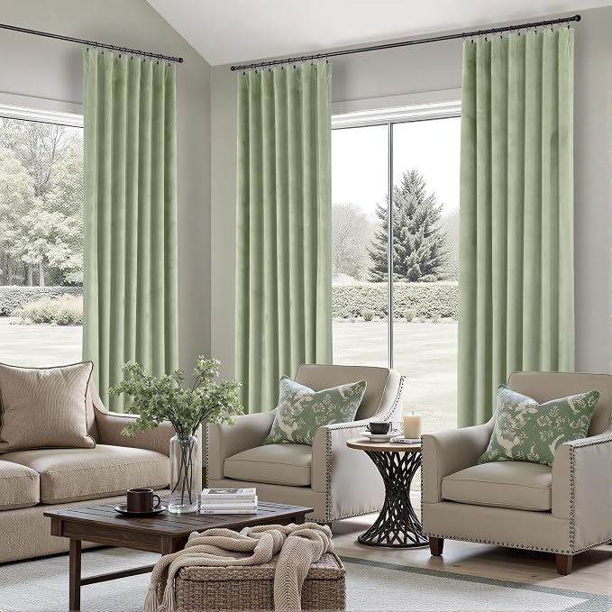 Sage Green Velvet Curtains 72 Inch Length for Mater Bedroom Boys Playroom Gamer Gaming Room Darkening Light Blocking Drape for Living Room Office Rustic Boho Vintage Luxury Home Decor Back Tab 2 Panel