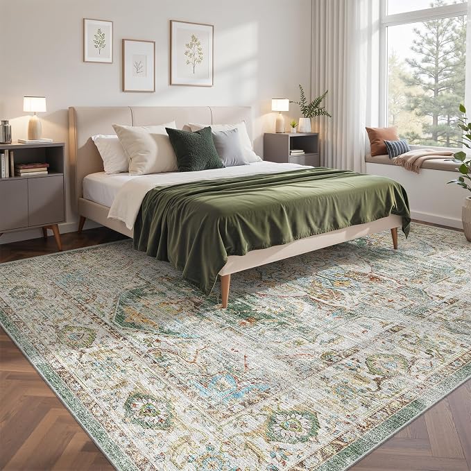 befbee 9x12 Area Rug,Ultra-Thin Washable Rugs for Living Room,Non-Slip Lightweight Foldable Area Rug,Stain Resistant Vintage Large Rugs (Green,9'x12')