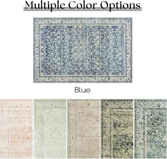 Blue Distressed Carpet Multi Rug Kitchen Living Room Bedroom Dining Room,6x9 Cover Print,Vintage Design Flower Area Rug