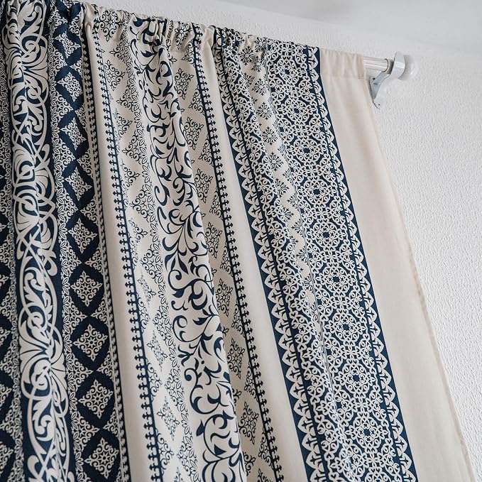 VOGOL Country Strip Printed Curtains, Bohemian Style Privacy Window Treatment with Rod Pocket for Living Room, 1 Panel 59 x 79 Inches, Navy Blue & Beige
