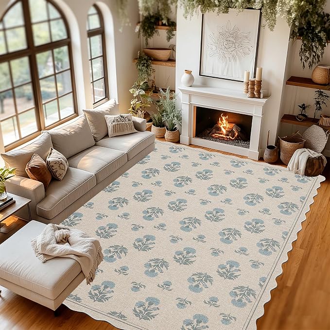 ORTIGIA Scalloped Easy Jute 5x7 Area Rug Vintage Blue Floral Farmhouse Washable Non-Slip Indoor Outdoor Carpet for Living Room Bedroom Patio Entryway