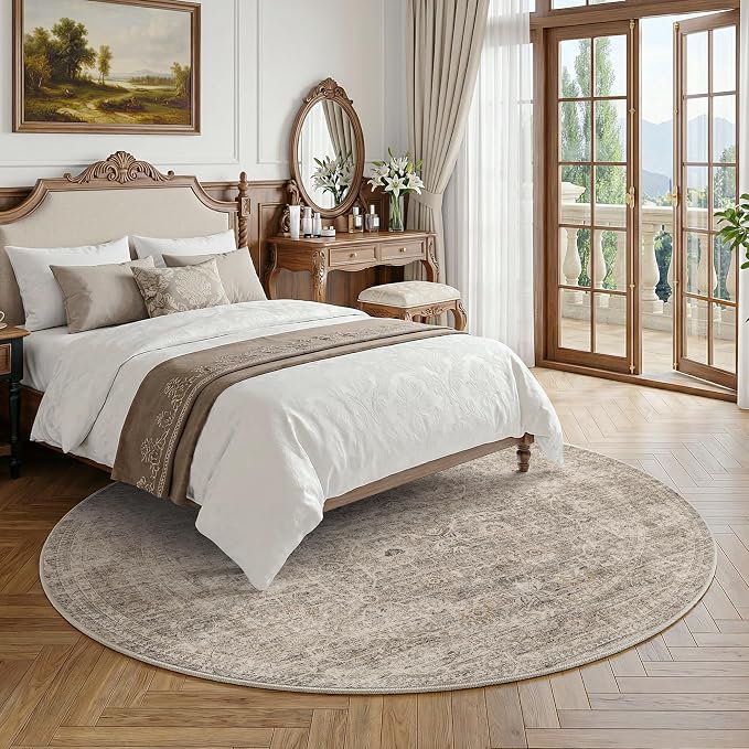 FMFUNCTEX 6ft Round Washable Area Rug Taupe Vintage Neutral Distressed Non Slip Carpet for Living Room Bedroom Soft Low Pile Indoor Mat Retro Floral Thin Rug for Dining Room Office Nursery Entry