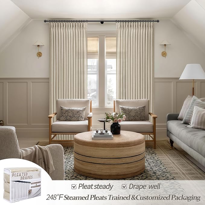 Floor to Ceiling Light Flax Linen Curtains 120 Inches Long 2 Panels Set for Patio Sliding Door 2 Panels Set, Elegant Memory Shape Pinch Pleated Warm Beige Sheer Curtain Light Filtering for Dining Room