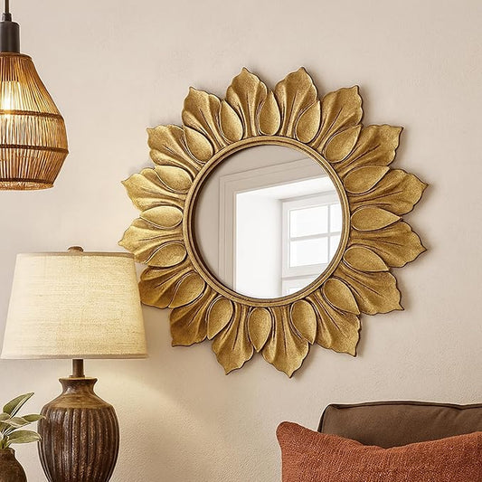 Sunflower Sunburst Wall Mirror, 22" Distressed Gold Wooden Frame, Handcrafted Petal Floral Design, Vintage Farmhouse Style Mirror for Wall Decor for Living Room, Bedroom, Bathroom, Vanity