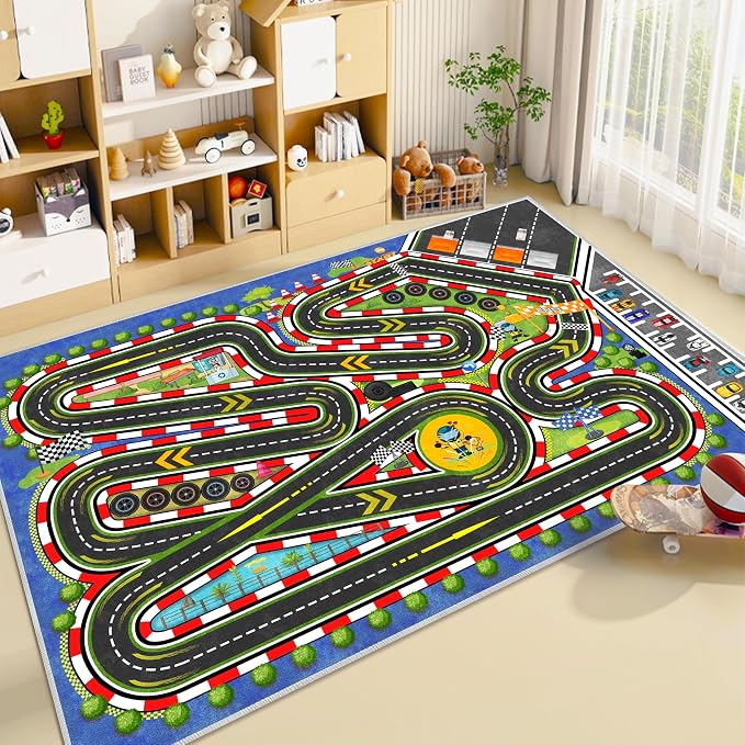 Kids Racing Rug 39''x59'' Car Road Kid Rug Carpet Playmat for Playoom Traffic Road Kid Play Mat for Bedroom，Kids Educational City Traffic Road map Fun Carpet (Blue)